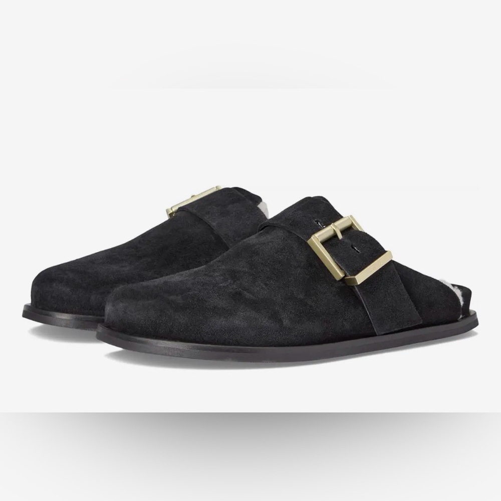 All Saints Black Suede Mules with Gold Buckle women 9